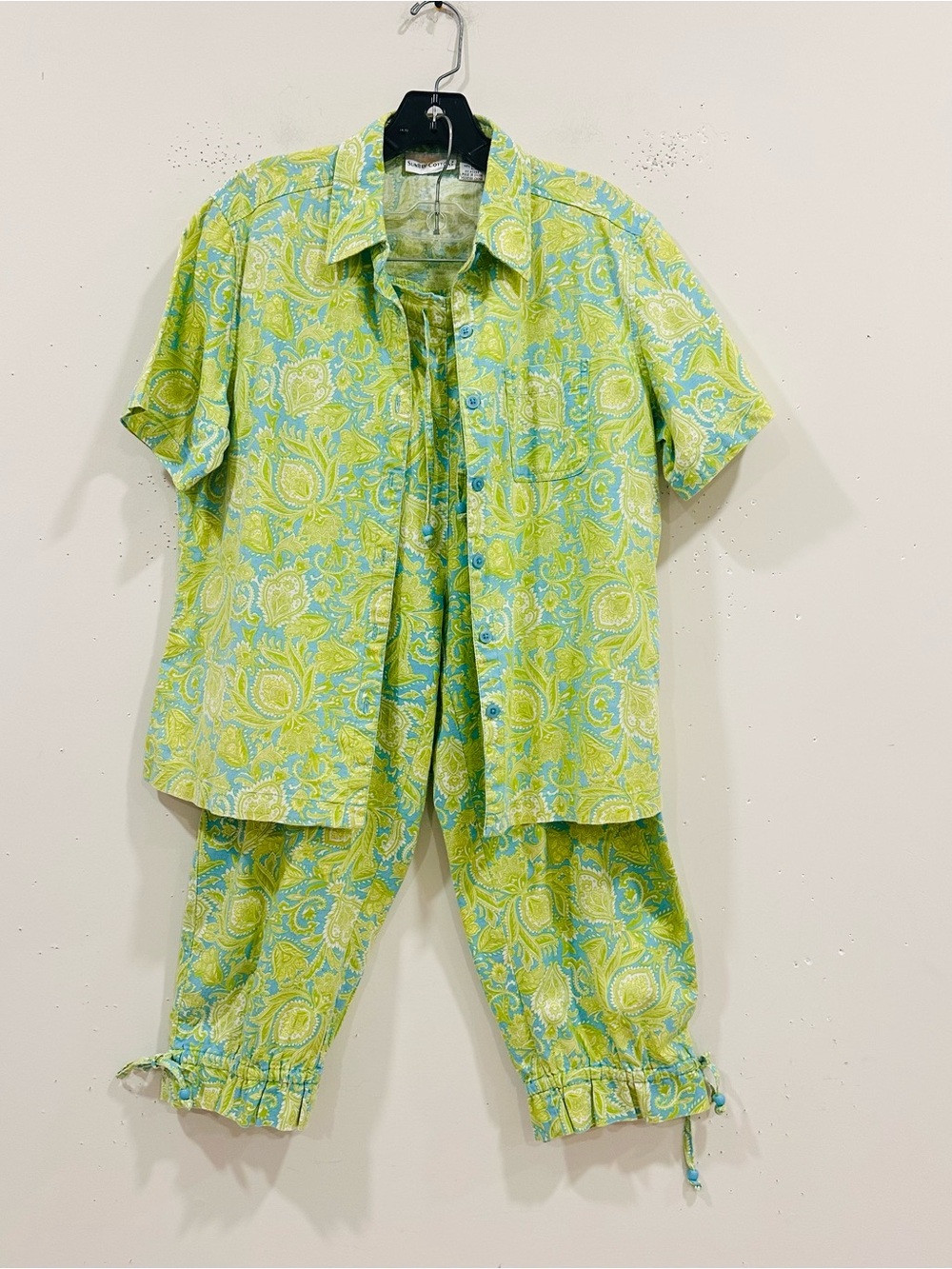 Sunbay Cottons Paisley 2 Pc Set Top S Pants M Green Blue Linen Cotton Crop Capri